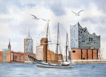 Poster DIN-A4 Aquarell Maritim Kunst Druck Kunstdruck Nordsee Hamburg Segelschiff Elbphilharmonie - HH5